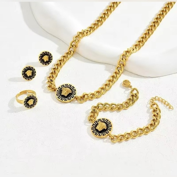 18K Gold Medusa Head W/ Black Greek  Design Necklace Earrings Bracelet Ring Set - Picture 1 of 3